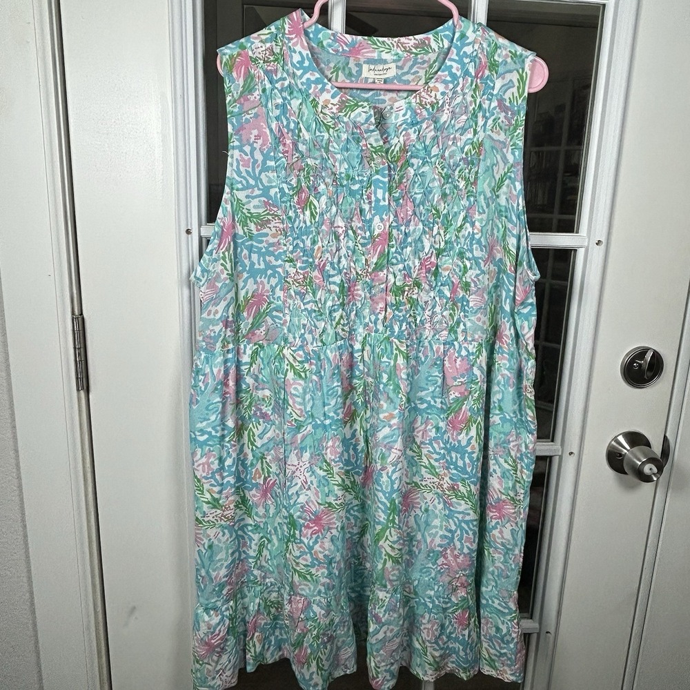 Linda Anderson‎ NWT Coral Print Tiered Dress Coastal Grandma Resort Wear XXL